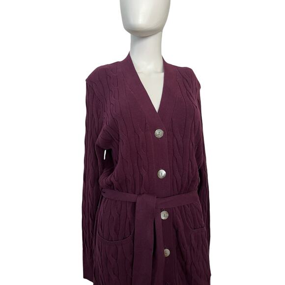 Minnie Rose Dark Purple Loganberry Cableknit Belted Duster XL NWT $275 - Picture 3 of 7